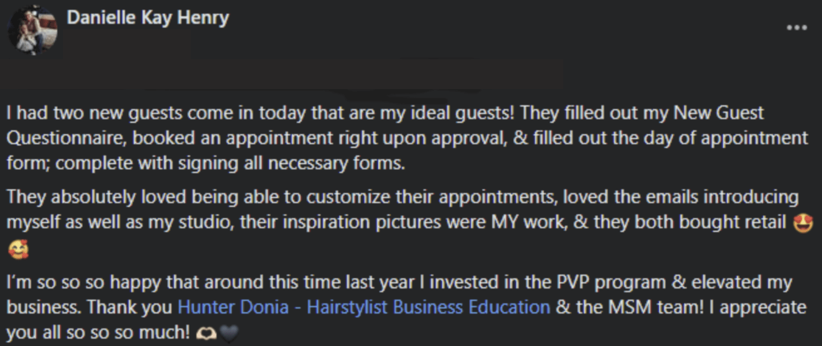 Stylist testimonial screenshot